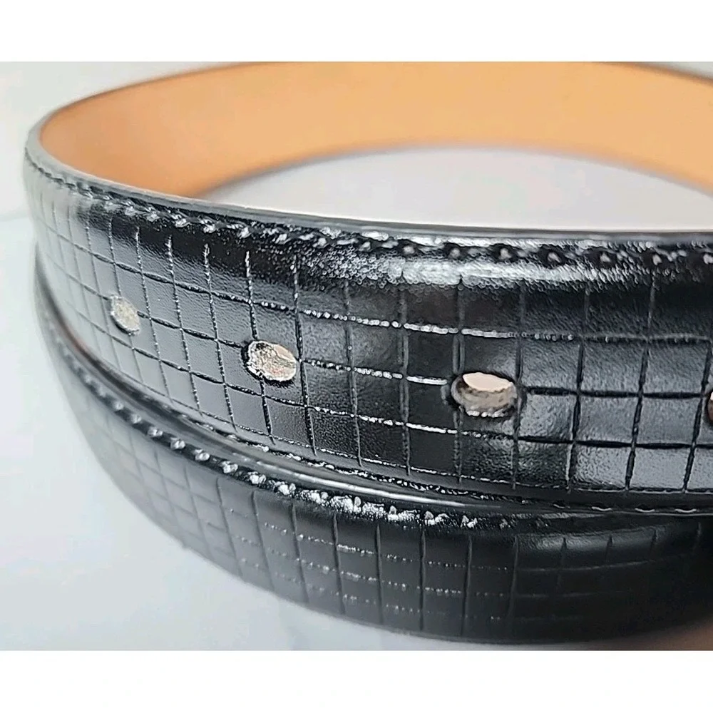 New Men's 2XL 46/48 Black‎ Grid Pattern Modern Leather Belt  Silver Buckle NWT